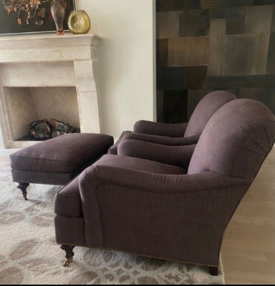 Thumbnail: PAIR OF CUSTOM BIGGS POWELL ENGLISH ARM CLUB CHAIRS + MATCHING OTTOMAN