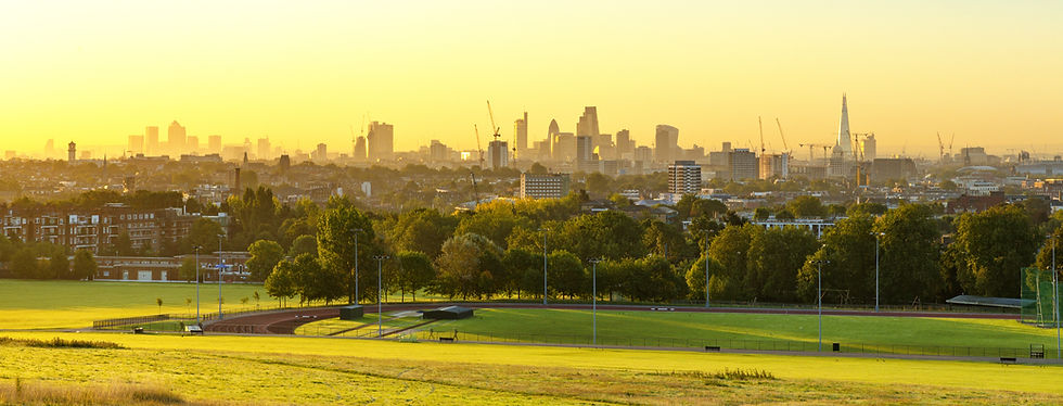 The City of London Cityscape at Sunrise with early Morning Mist from Hampstead Heath. Buil