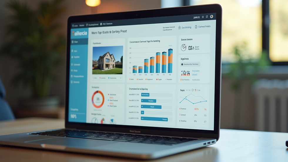 Close-up view of a laptop screen showing a real estate marketing dashboard