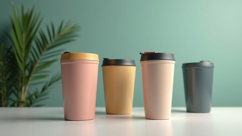 Eye-level view of a set of custom tumblers with different colors and designs