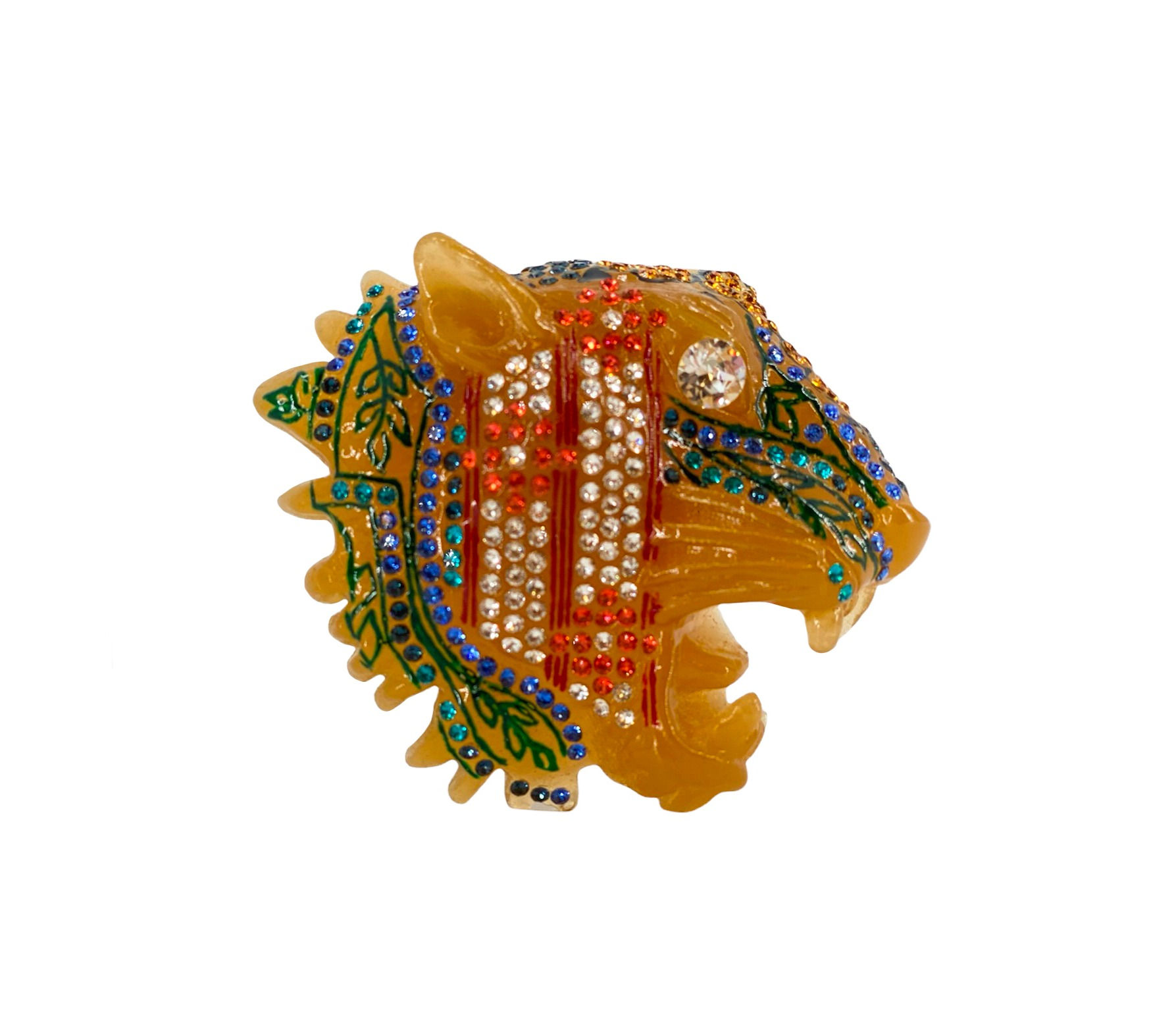 Gucci Rajah Tiger Head Resin Pin Brooch with Multicolor Crystals Embellished