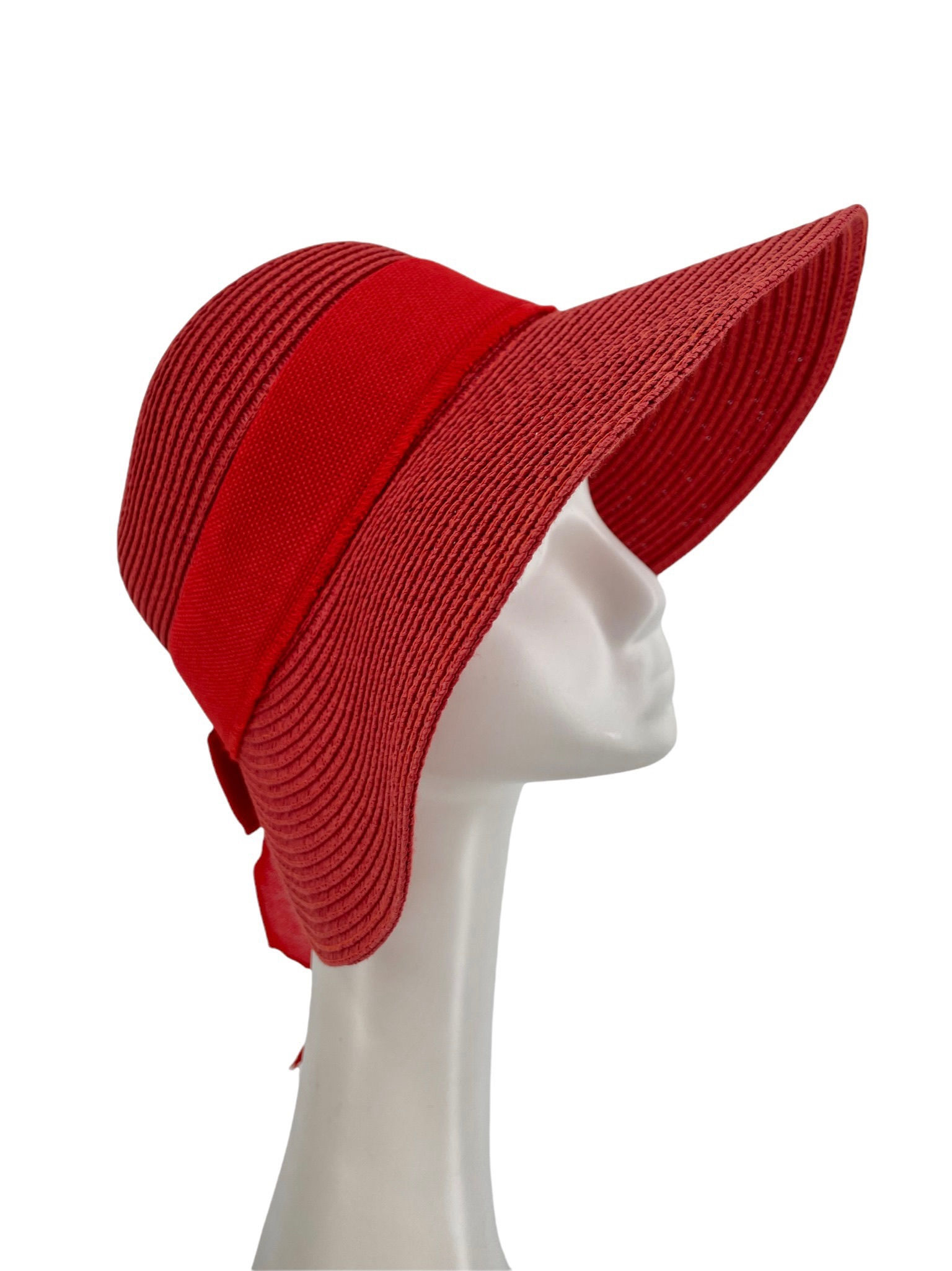Cherry Red Straw Wide Brim Hat with Overlapped Back and Bow