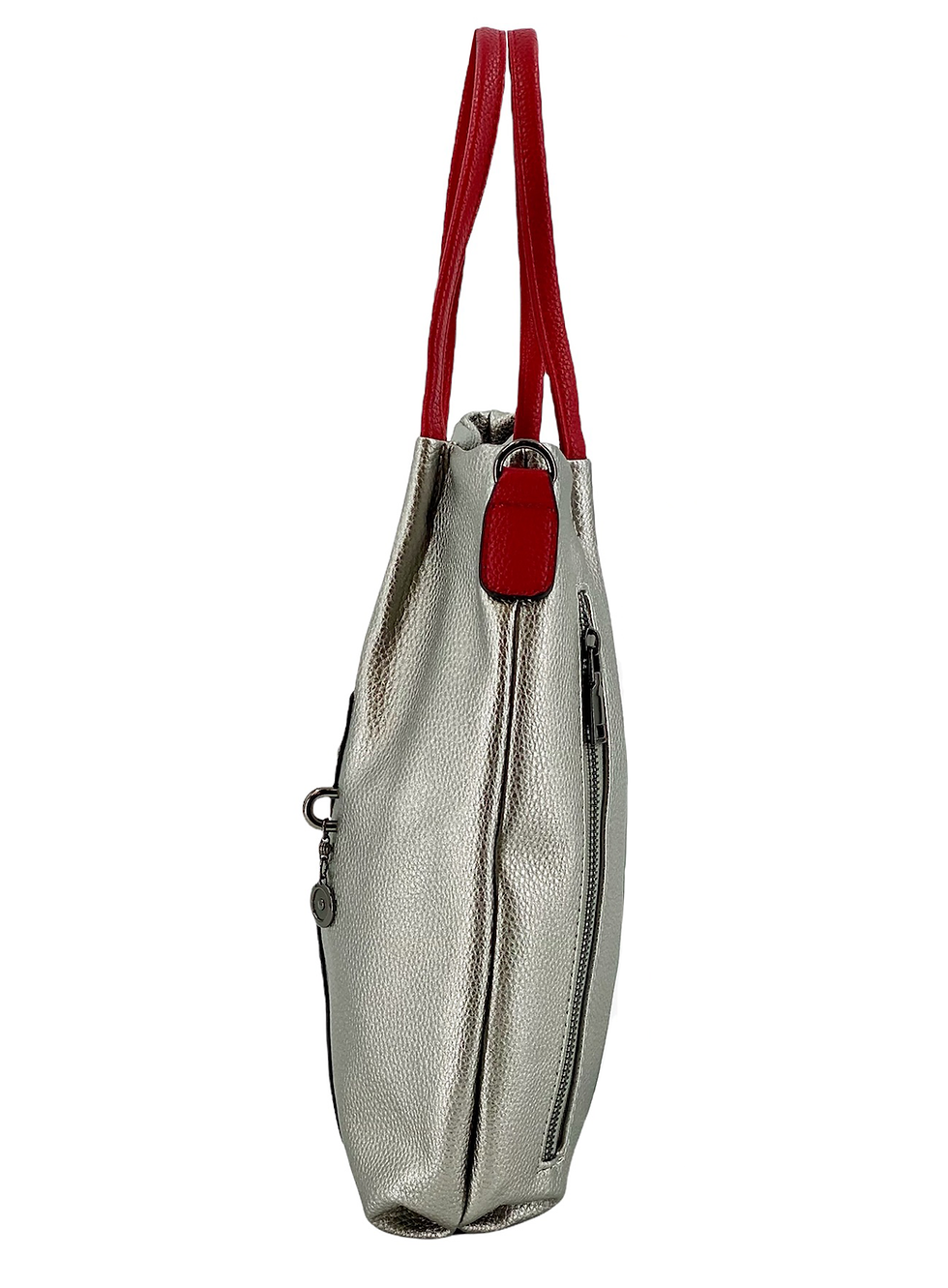 Thumbnail: Silver Leather Lady Face with 3D Earrings, Red Handle and Crossbody Strap