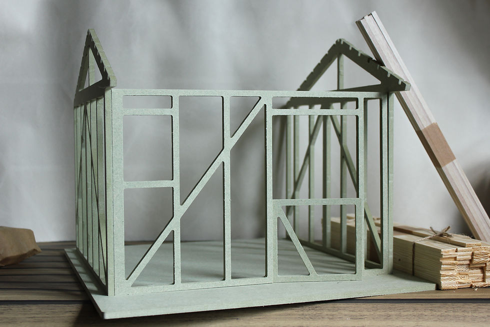 Thumbnail: A photo showing the structure of the stable. It is made out of sage green MDF.