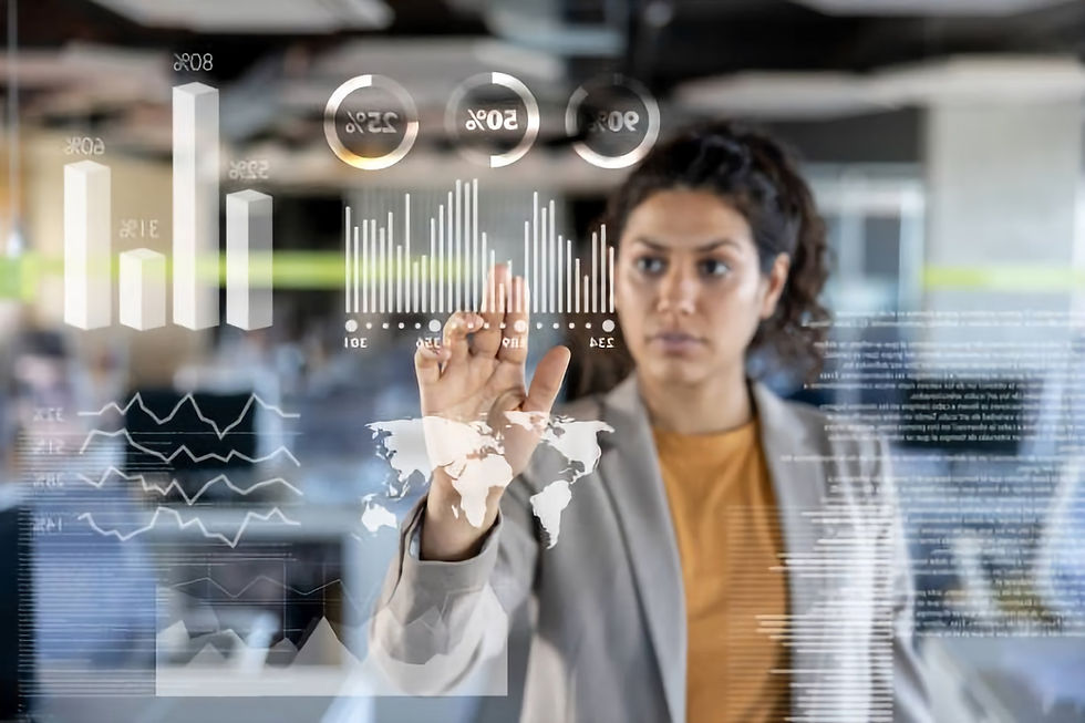 business woman looking at the market data on an interactive screen