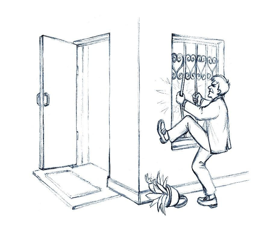 A man tries to climb through a barred window while a nearby door is open.