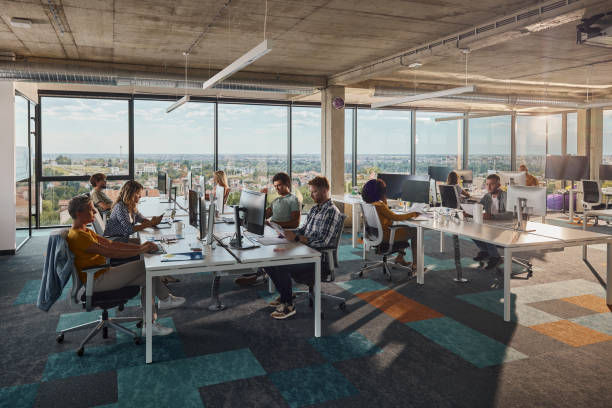 arge group of programmers working in a modern office of a software company.