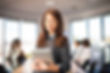 beautiful woman looking at camera smiling inside the office