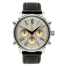 Silver chronograph watch with Roman numerals and black strap