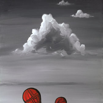 The head and shoulders of two abstract figures are rendered in red and black geometric linear forms in the lower right corner of the painting, against a vast gray sky full of clouds. 