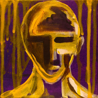 A face is painted in very loose expressionist brushstrokes, outlines in yellow and shadows in violet, against a violet background with multiple drips of yellow paint descending across the canvas.