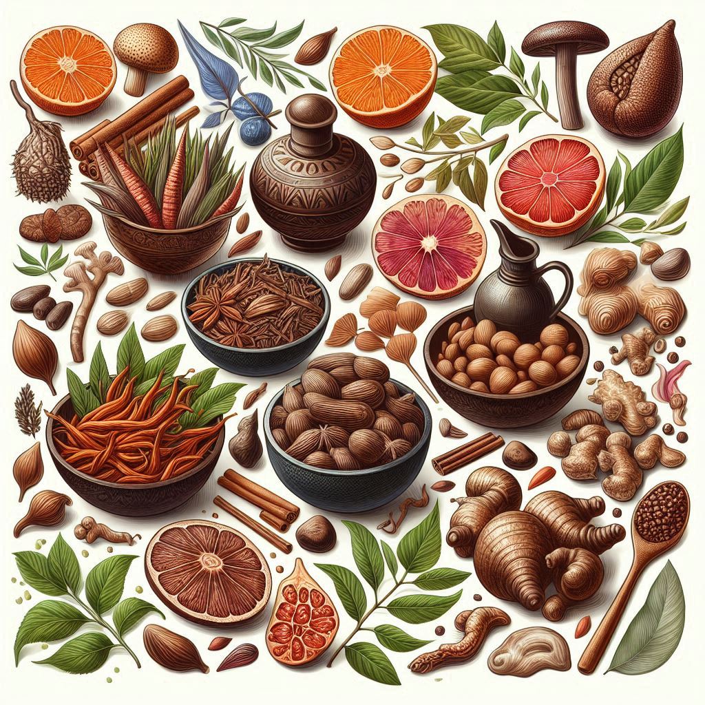 Selection of Ayurvedic herbs like Ashwagandha, Shilajit, Triphala, and Brahmi for vitality and wellness.