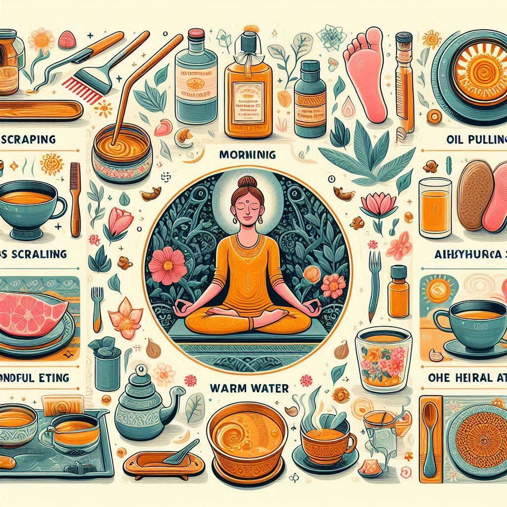 A person practicing Ayurvedic morning rituals—tongue scraping, oil pulling, and drinking warm water."