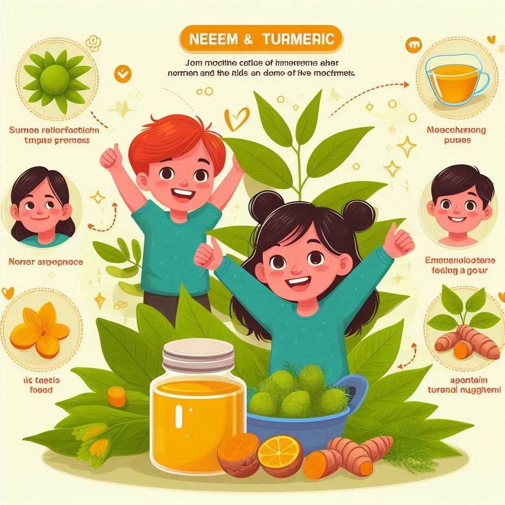 Kids happily raise arms amid green leaves, turmeric, and neem. Illustration with text, bright colors, and natural products.