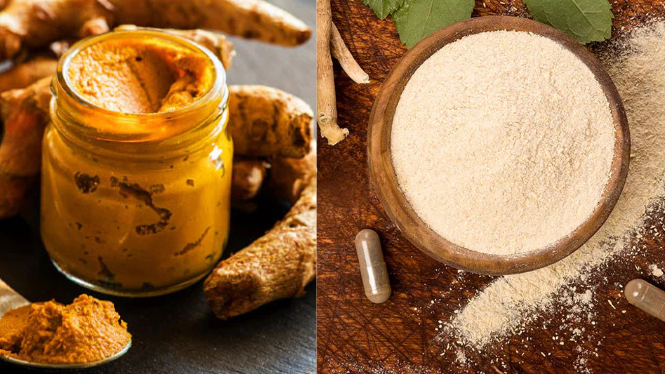 A wooden bowl filled with turmeric and ashwagandha powder next to a happy senior dog.