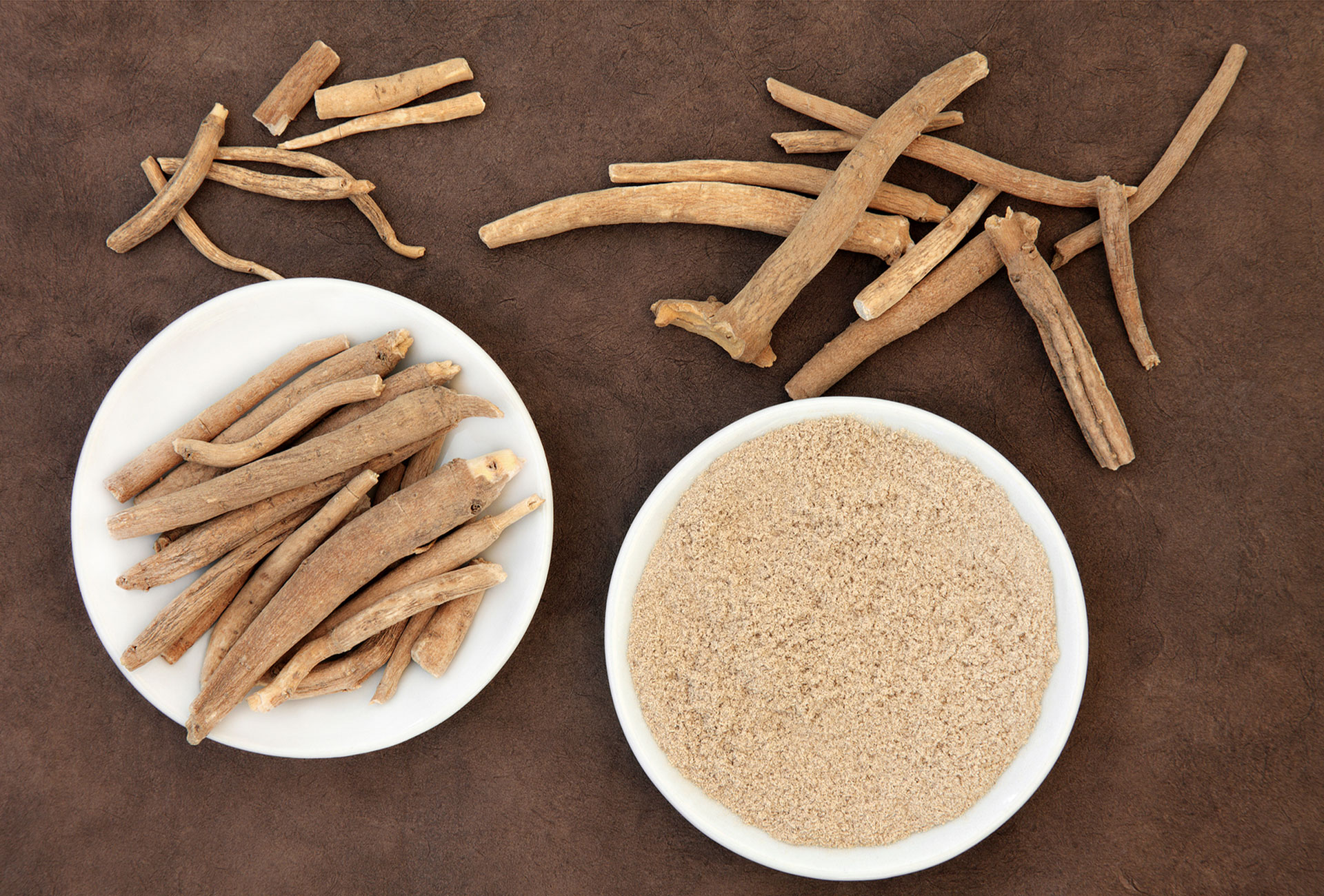 Dried Ashwagandha roots, a powerful adaptogen known for its anti-aging and stress-reducing benefits.