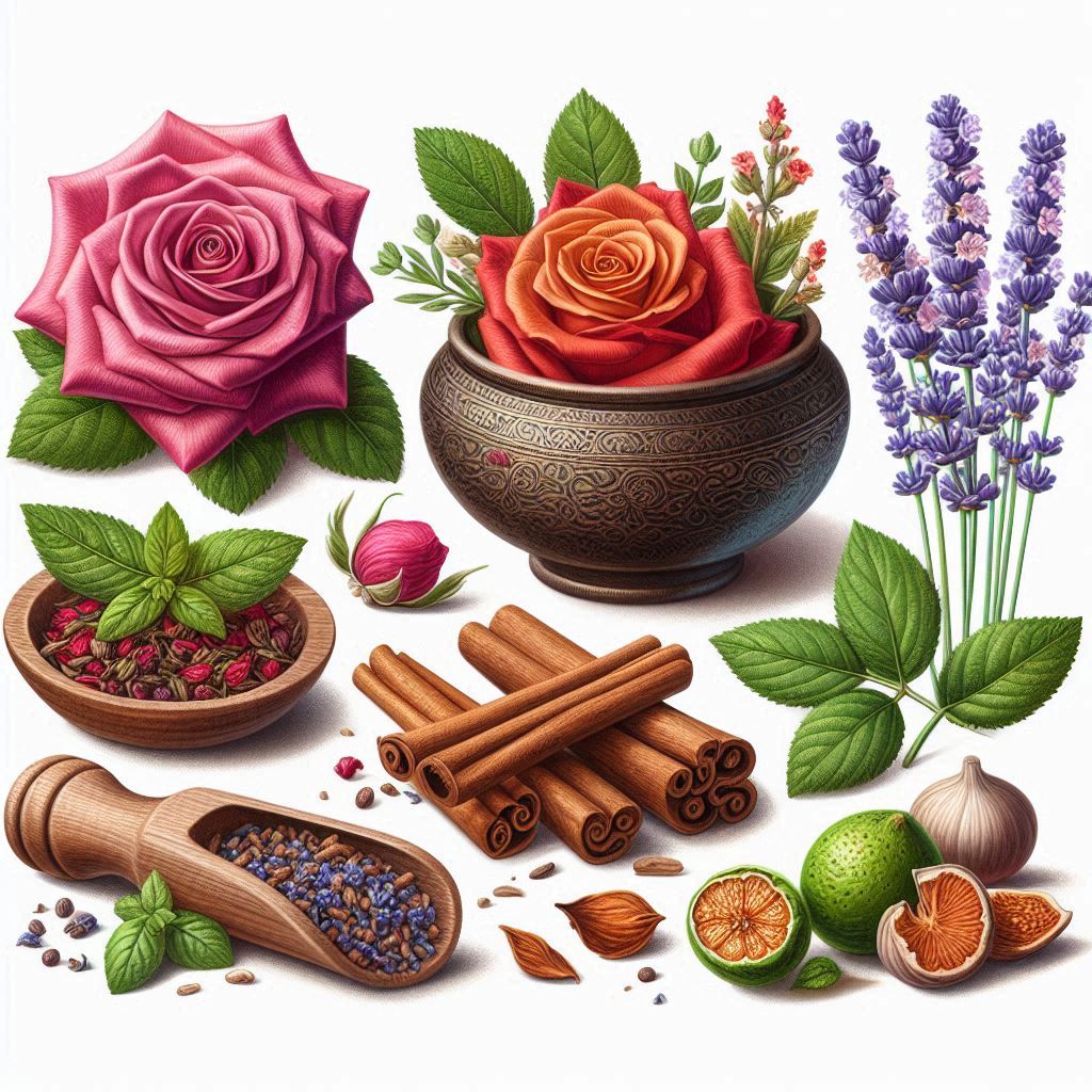 Various bottles of Ayurvedic essential oils: Rose, Sandalwood, Neem, Tulsi, Lavender.