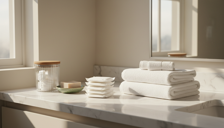 Wide-angle view of a calm bathroom counter with hygiene pads and folded towels.