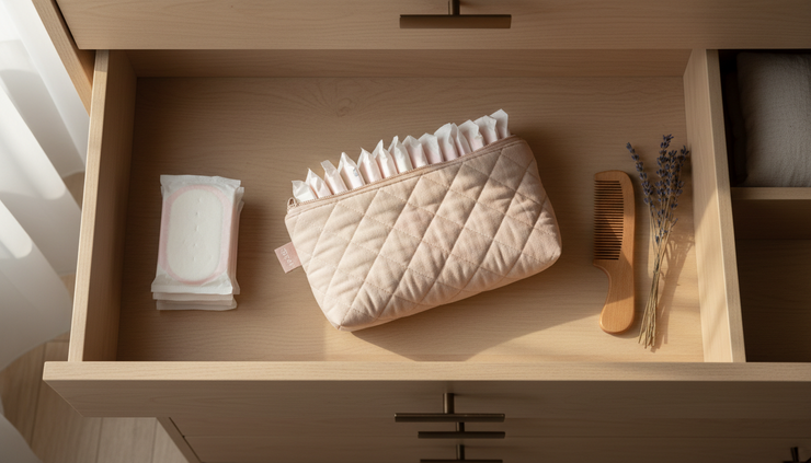 Top-down view of a discreet pouch with hygiene pads inside an open drawer.