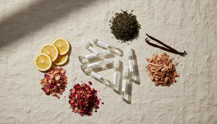 Overhead view of perfume samples grouped with flowers, citrus, woods, and vanilla
