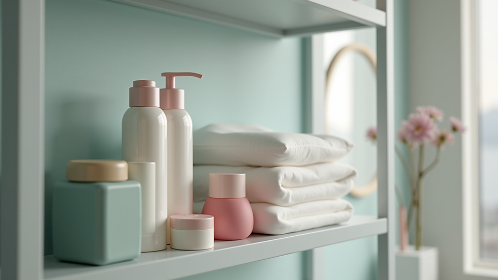Close-up view of feminine hygiene products on a bathroom shelf