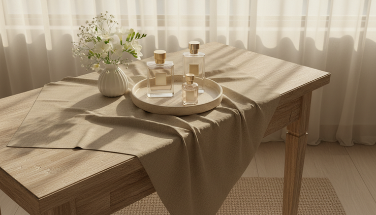 Wide-angle view of a cozy vanity with three perfume bottles, soft fabric, and warm light