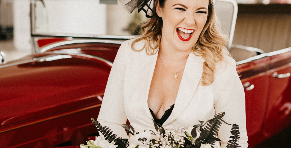 Red 1929 Packard, vintage car, Cruella-inspired wedding portrait