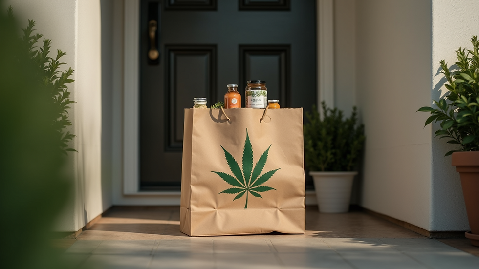 Eye-level view of a delivery bag with cannabis products on a doorstep