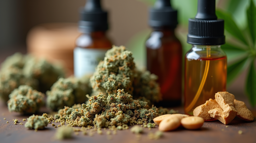 Close-up view of various cannabis products including flower, edibles, and tinctures