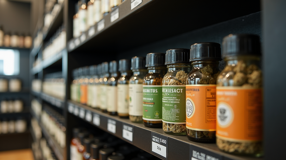 Eye-level view of a cannabis dispensary shelf with labeled products