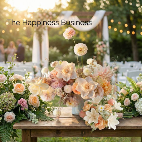 Elegant floral arrangements featuring Sola wood flowers for a wedding setting, symbolizing 'The Happiness Business' through bridal bouquets, congratulatory gifts, and emotional encouragement.