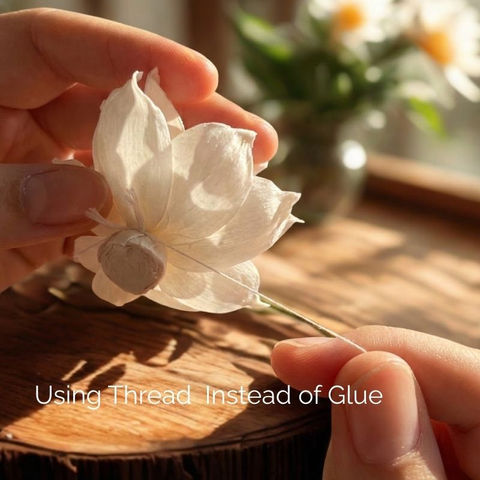 Chemical-free Sola wood flower assembly using thread instead of adhesive, ensuring an eco-friendly product with superior scent-throwing capabilities for your decor.