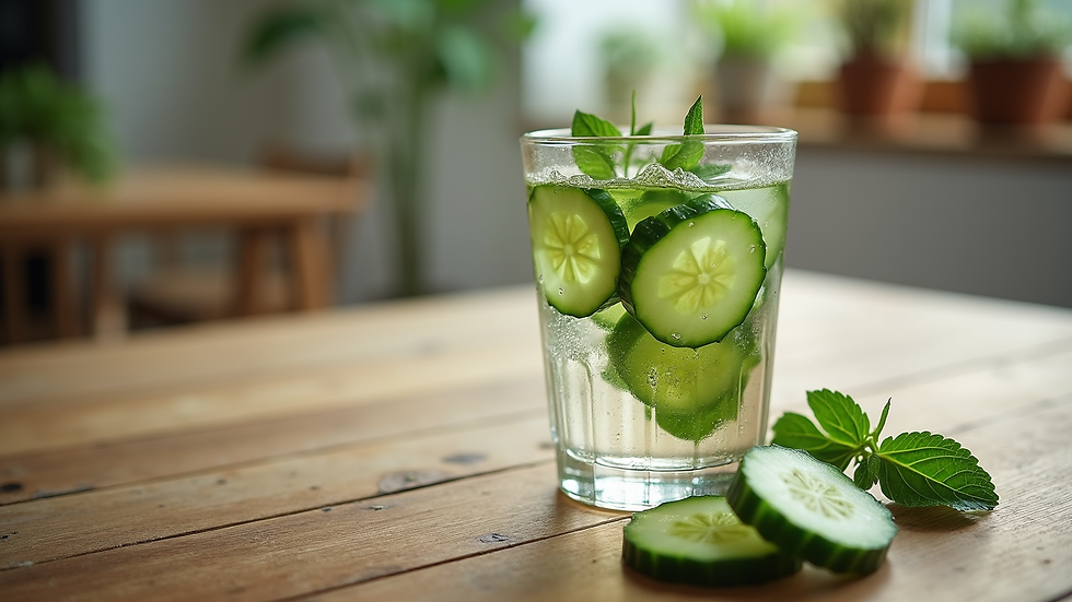 Eye-level view of a glass of water and fresh cucumber slices on a wooden table