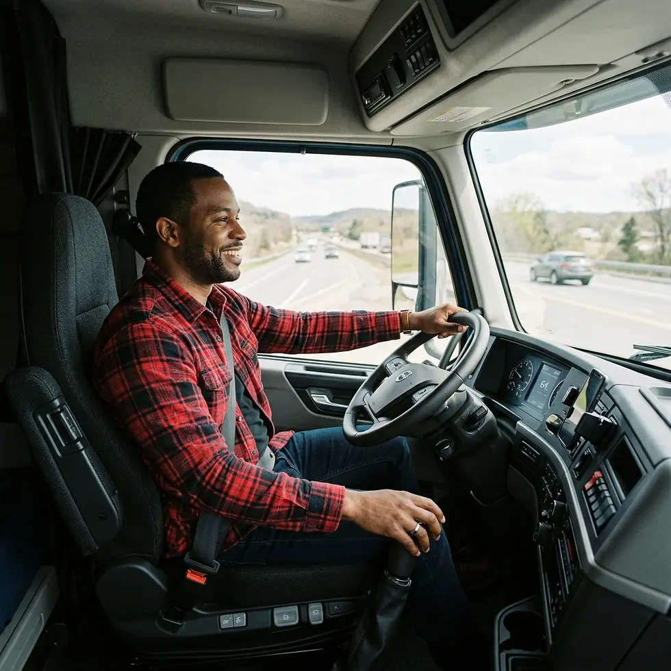 Digital photography of a smiling male truck driver behind the wheel of a semi-truck. The image captures the open road during a daytime journey.