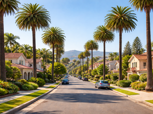 Sunny suburban street lined with tall palm trees and modern houses. Mountains in the distance. Few cars parked along the road. Serene mood.