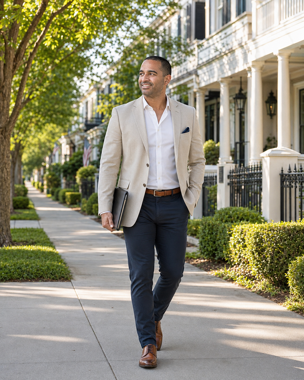 Kevin Gerdes walking through a tree-lined Burbank neighborhood in professional real estate attire, showcasing local lifestyle and seller-focused market expertise.