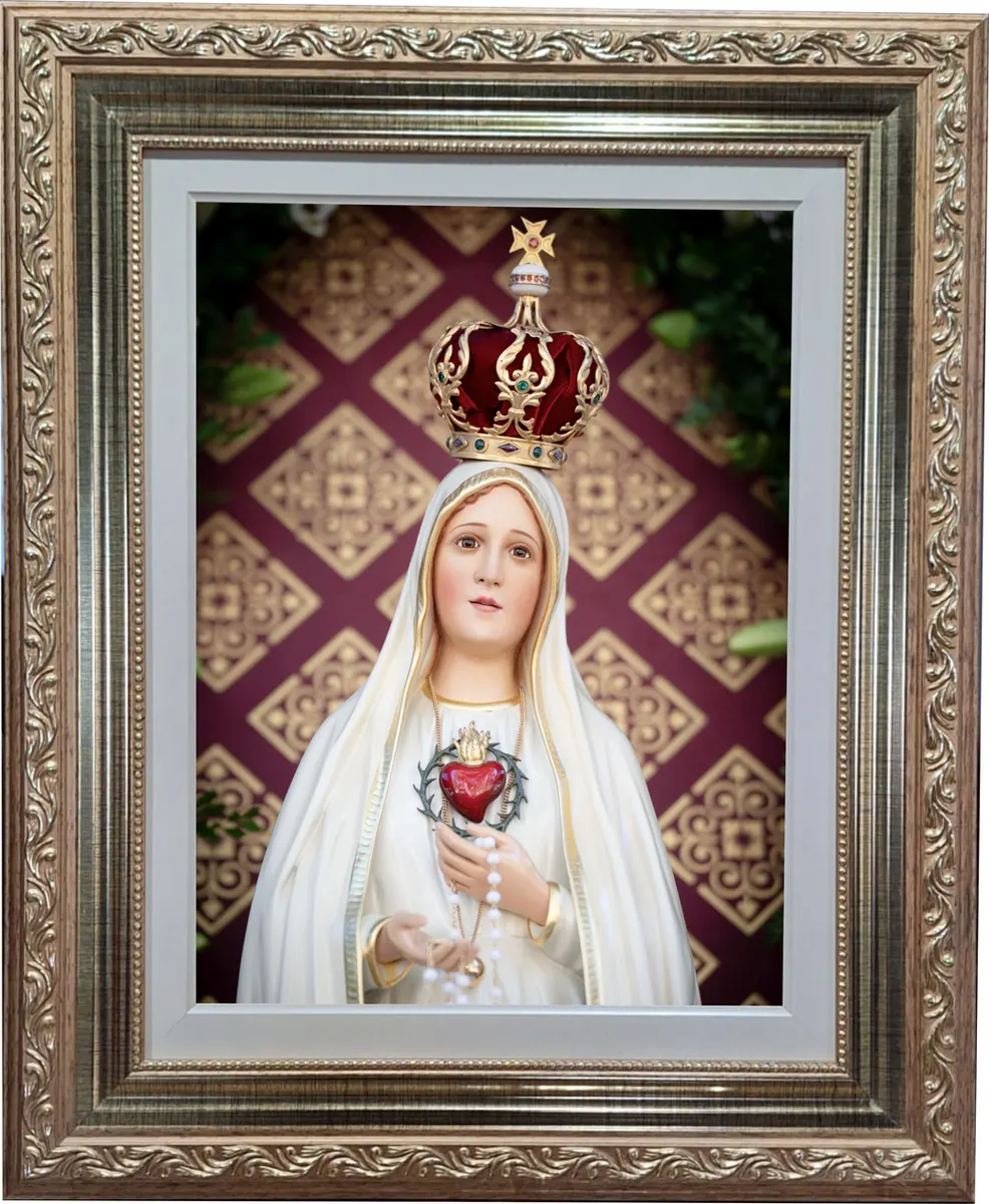 Quadro decorativo de Nossa Senhora de Fátima com moldura e acabamento refinado