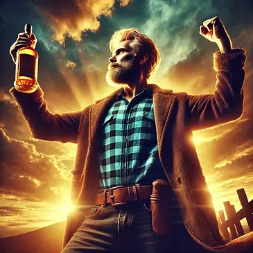 The Old Humble Guy standing victorious, bathed in golden light, holding a bottle of whiskey that glows as if it holds the secret to the universe.