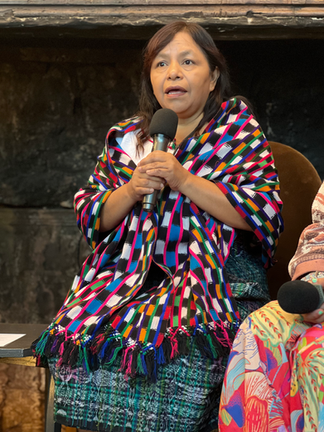 A female speaker wearing a vibrant multicolored traditional textile holds a microphone while addressing attendees, with dark wooden wall paneling visible in the background.