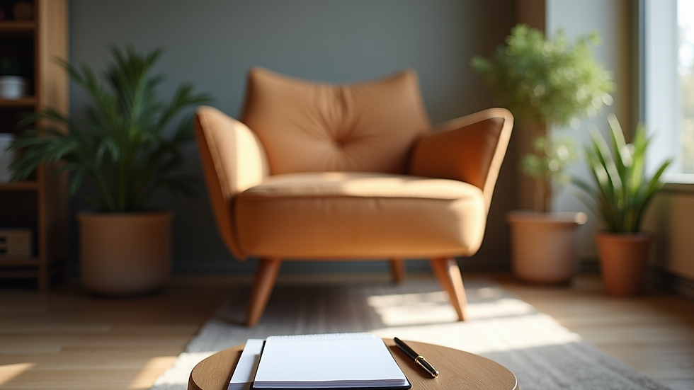Eye-level view of a cozy coaching space with a comfortable chair and a notepad