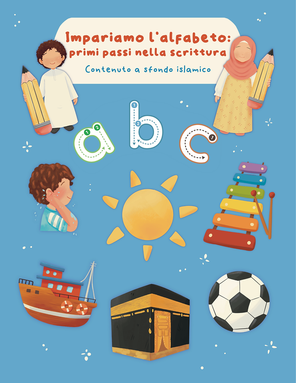 Copertina (Impariamo l'alfabeto) con lettere dell’alfabeto e illustrazioni educative per introdurre la scrittura ai bambini
