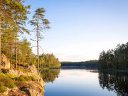 Paesaggio naturale con vista sul lago del parco nazionale di Nuuksio in Finlandia vicino Helsinki. Estate finlandese.