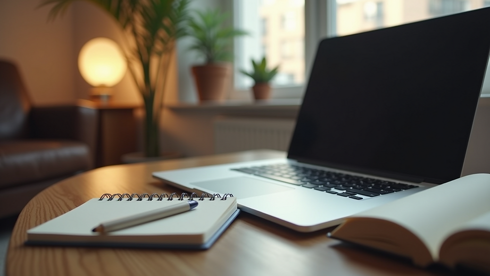 Eye-level view of a cozy workspace with a laptop and a notebook