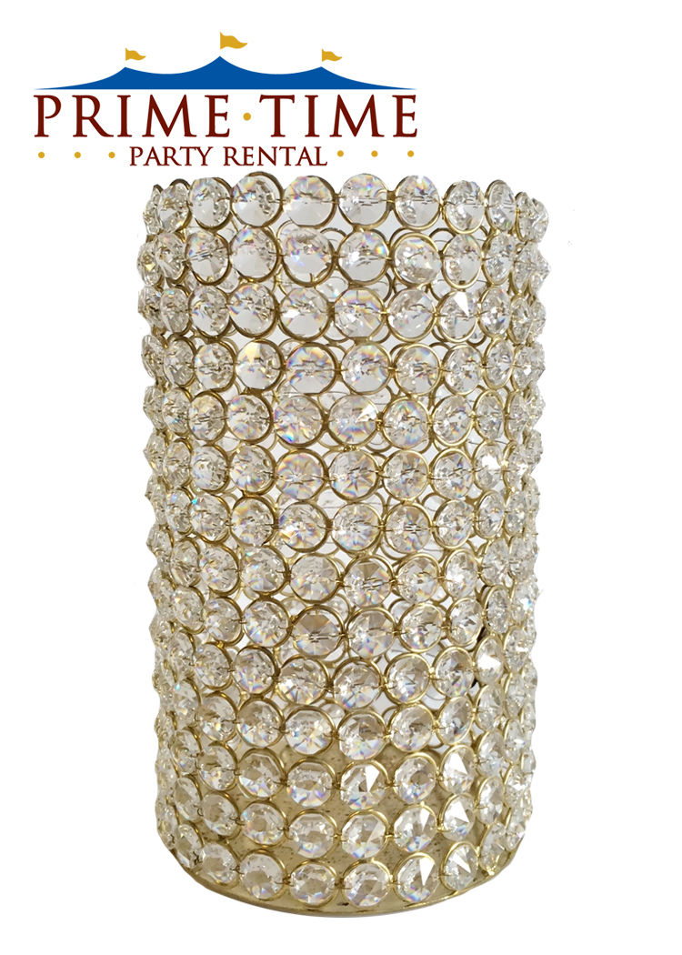 Thumbnail: Crystal Beaded Gold Cylinder Candle Holder