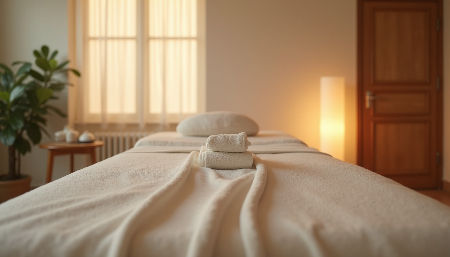 Eye-level view of a calm therapy room with a massage table and soft lighting