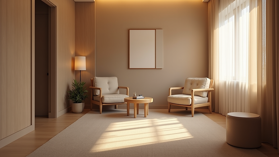 Eye-level view of a calm, private therapy room with soft lighting and comfortable seating