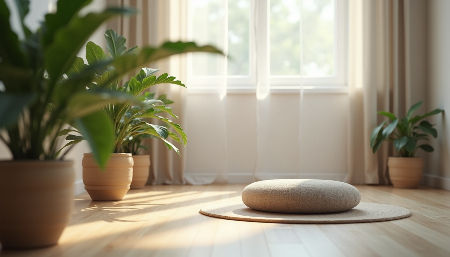Eye-level view of a calm indoor space with a meditation cushion and plants