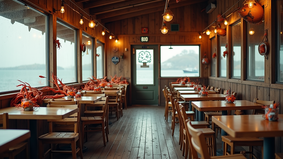 Eye-level view of a rustic crab house dining area with wooden tables and crab pots