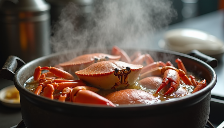 Close-up view of a steaming pot filled with live blue crabs and a mix of beer and vinegar steaming liquid