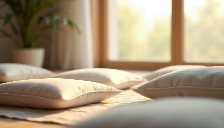 Close-up view of a peaceful meditation space with cushions and soft natural light